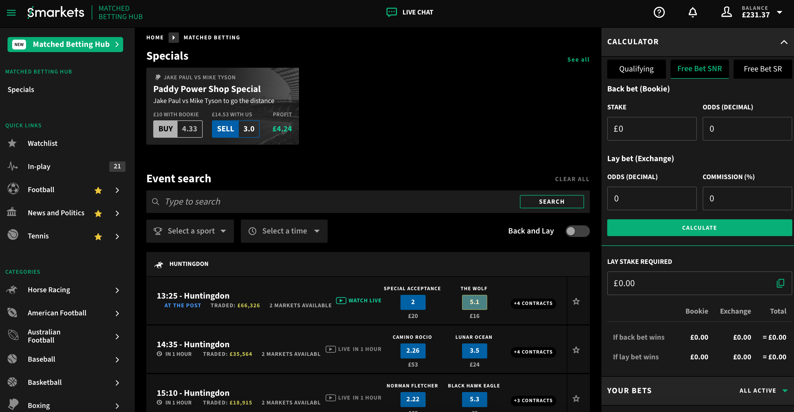 Smarkets' Matched Betting Hub, with calculator on right hand side of the page and recommended markets in middle of page